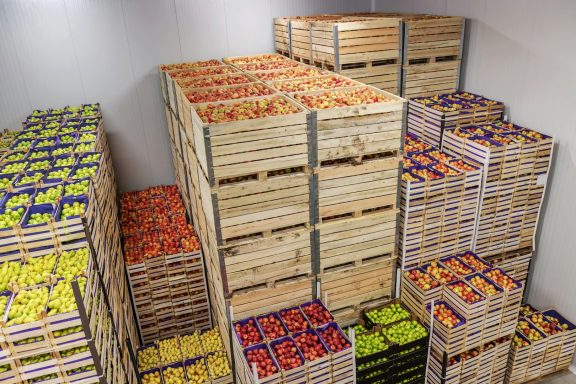 Cajas de frutas apiladas en una habitación, con variedades de colores brillantes.